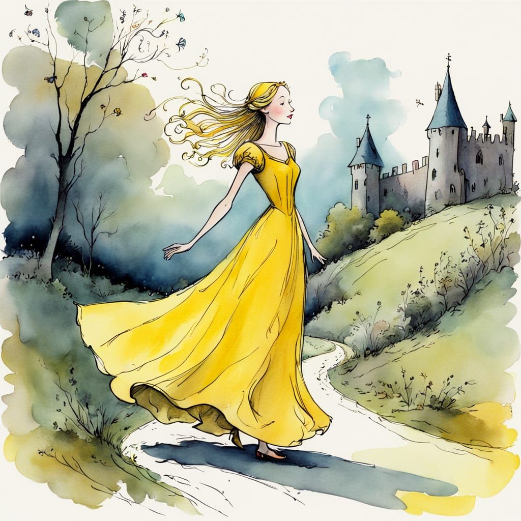 Whimsical Medieval Woman in Yellow Gown