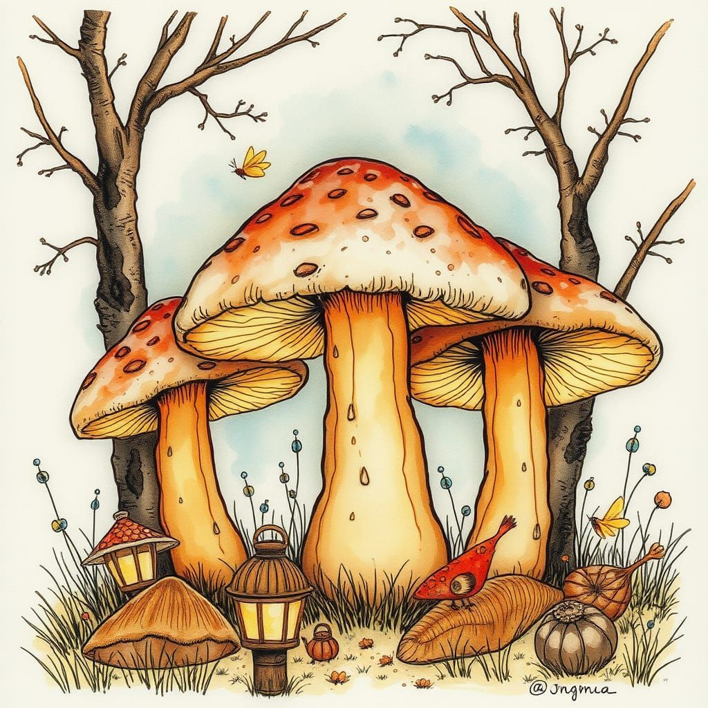 Intricate Ink Line Art with Fireflies