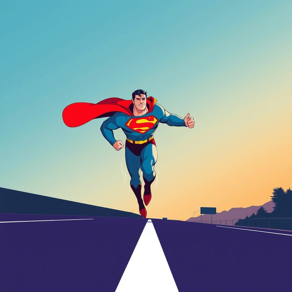 Superman Running Up Highway in Bold Graphic Style
