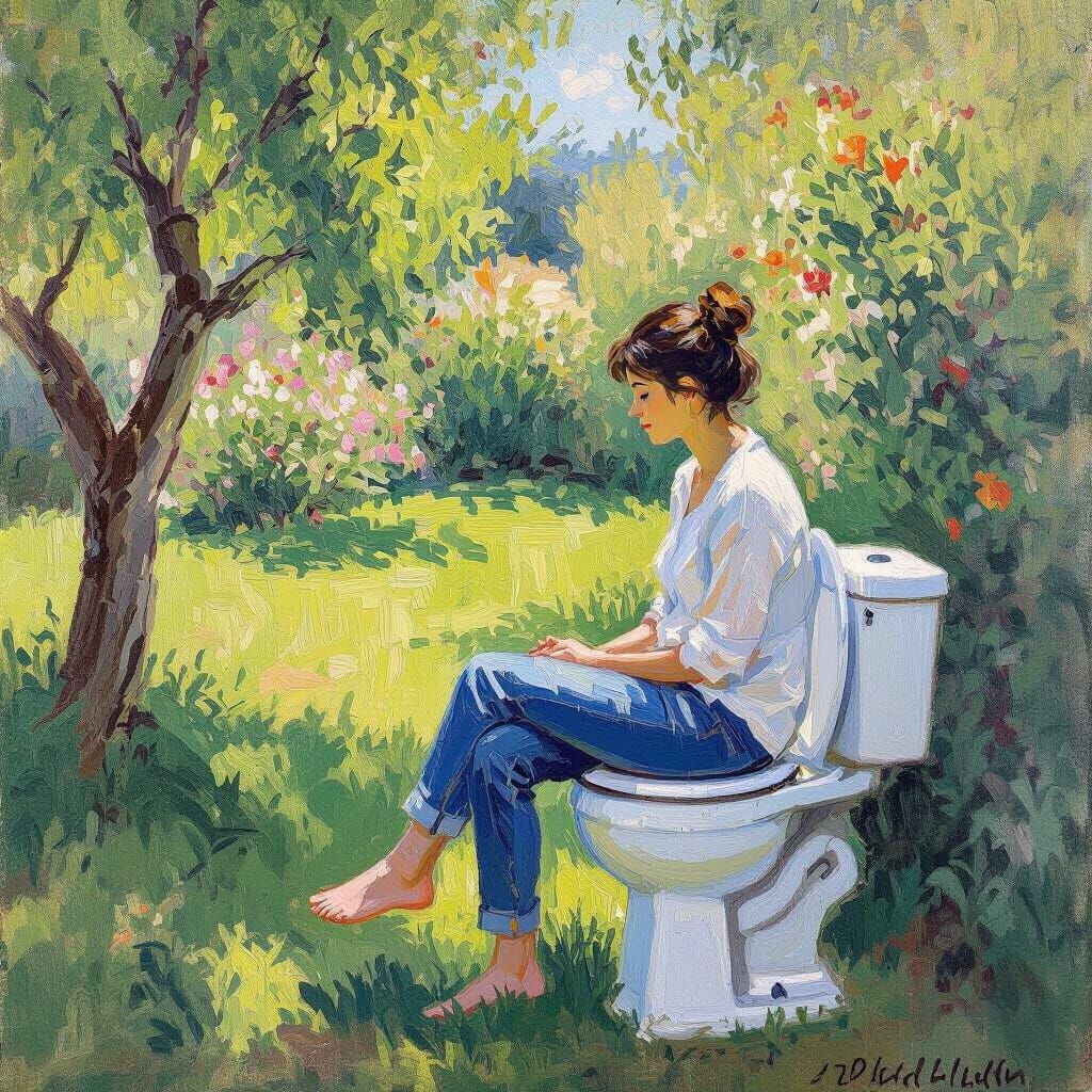 Person on Toilet in Backyard as Impressionist Painting