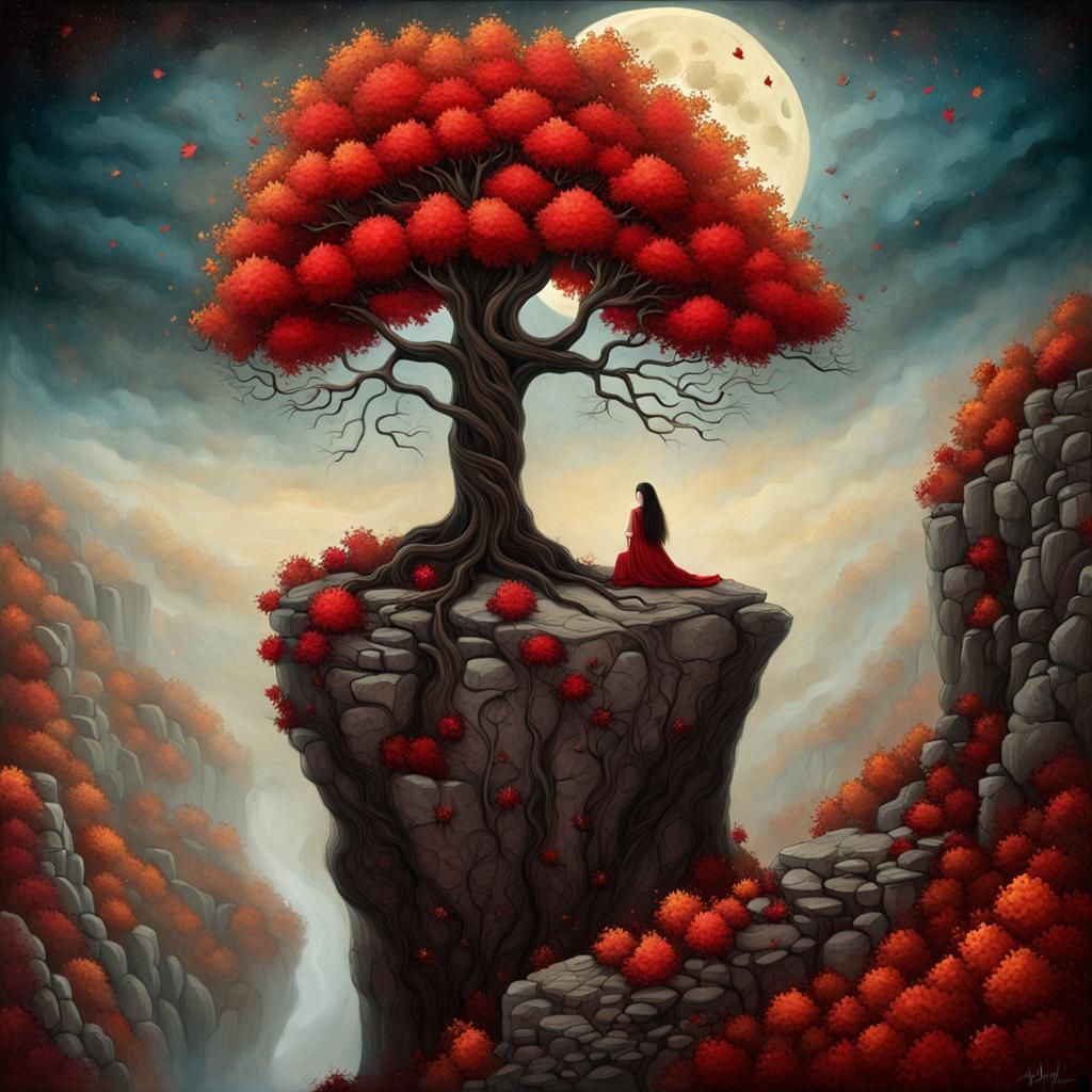 Goddess of Autumn Reigns Above a Gnarly Tree in a Surrealist...