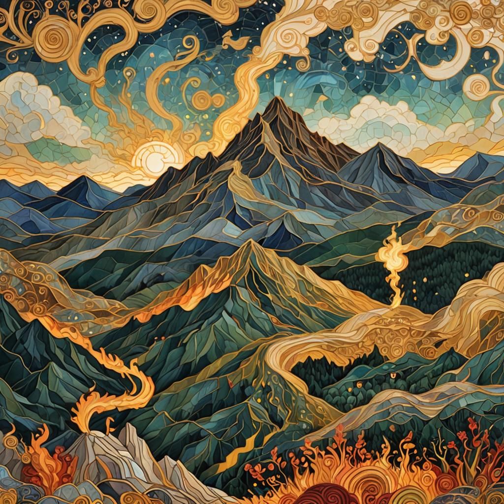 Ethereal Goddess Waiting Amidst Golden Hills and Fiery Skies