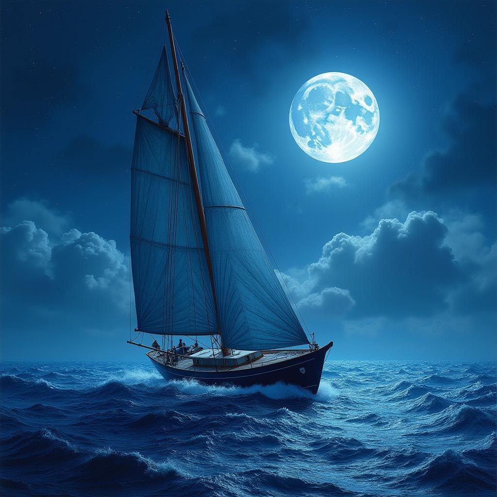 Surreal Blue Sailboat Glows in Midnight Sea