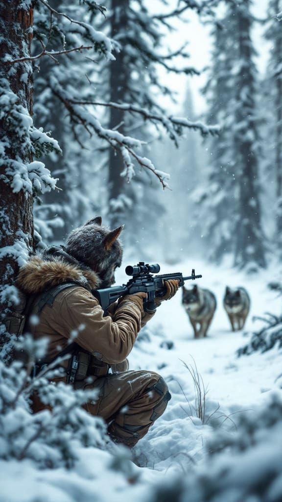Wolf Soldier Battles in Snowy Forests, Inspired by Dark Fant...