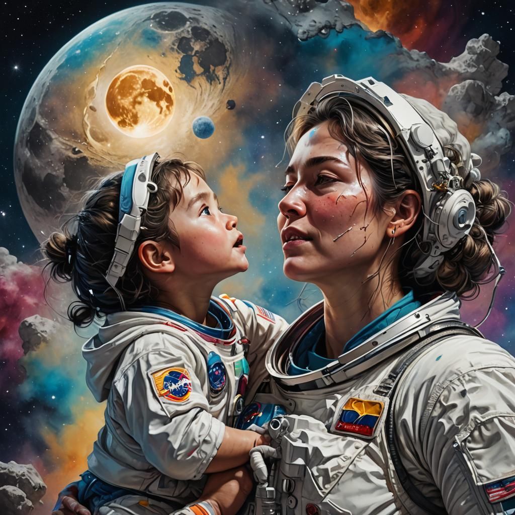 Mother's Lunar Love in Hyperrealistic Art