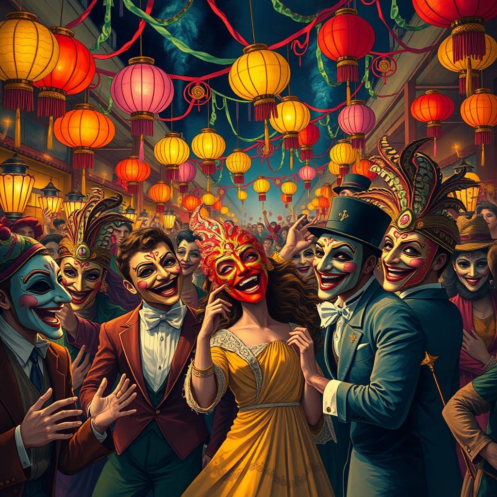 Vibrant Festival Crowd with Elaborate Masks, Art Nouveau Sty...
