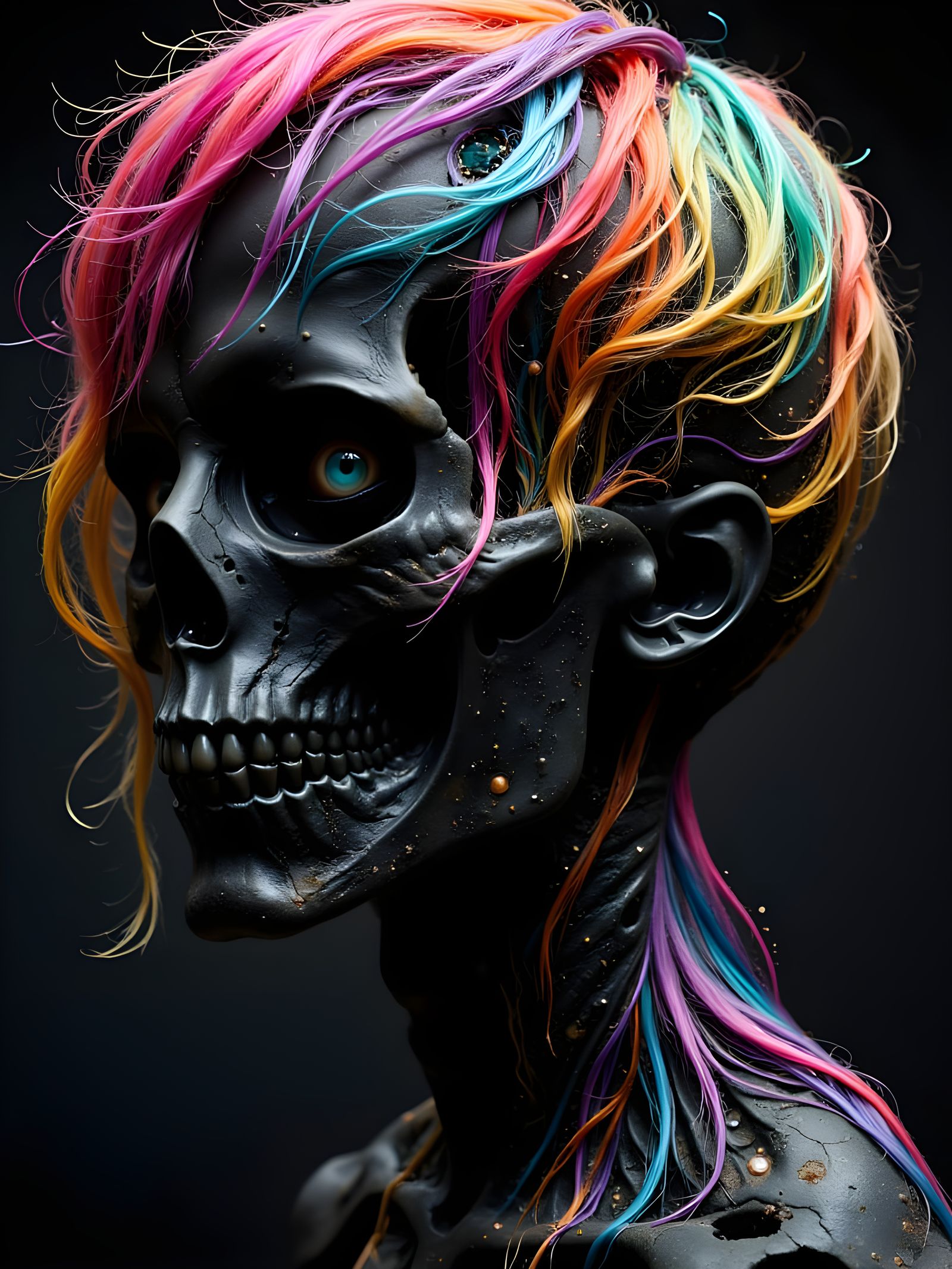 Vibrant Dark Rainbow Hair Tresses Adorn a Gothic Skull
