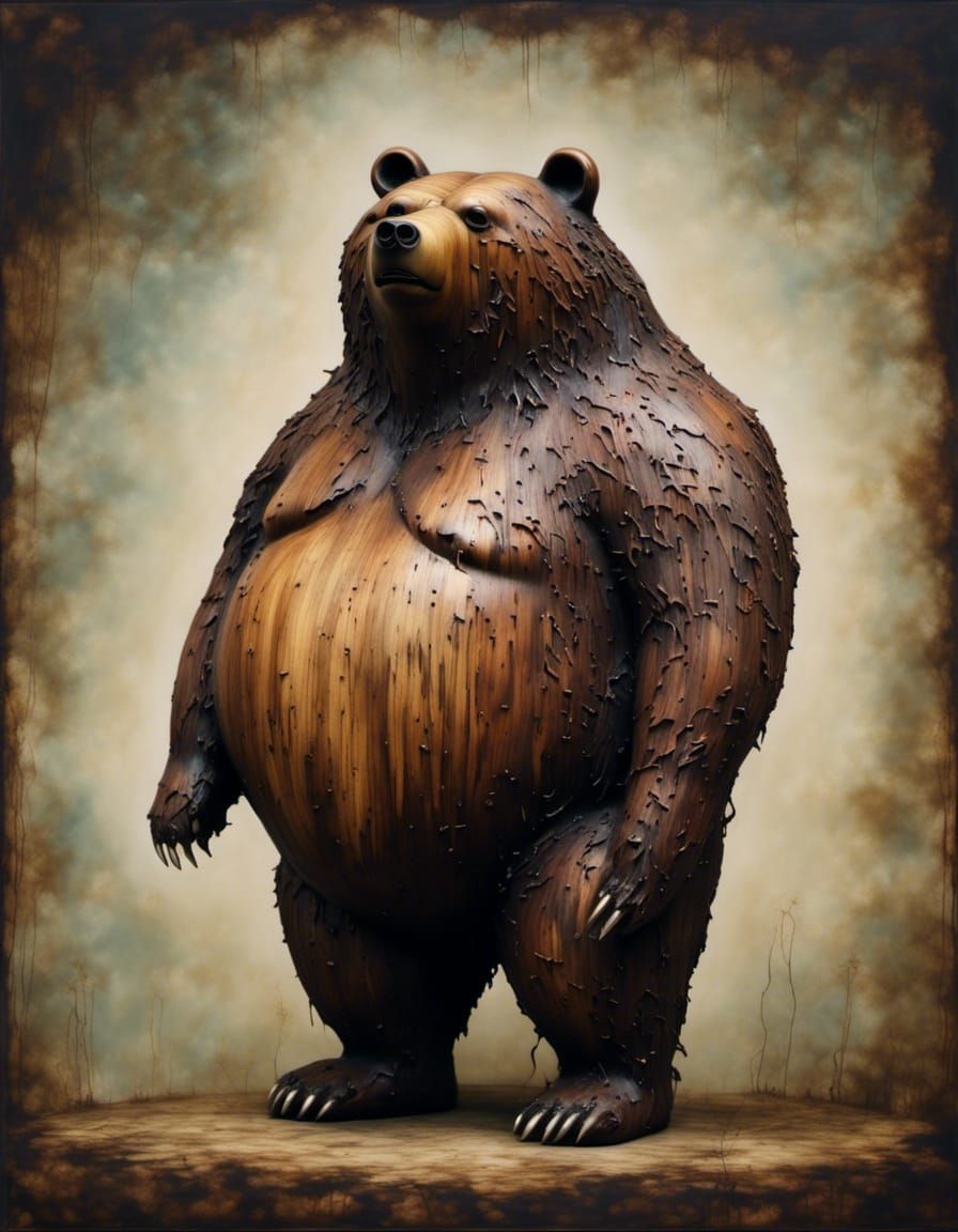 Rustic Obese Bear Portrait in Folk Art Style