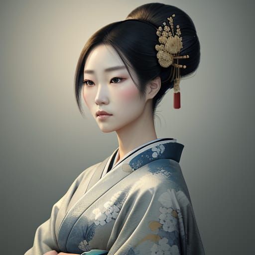 Pensive Geisha in Realistic Anime Style