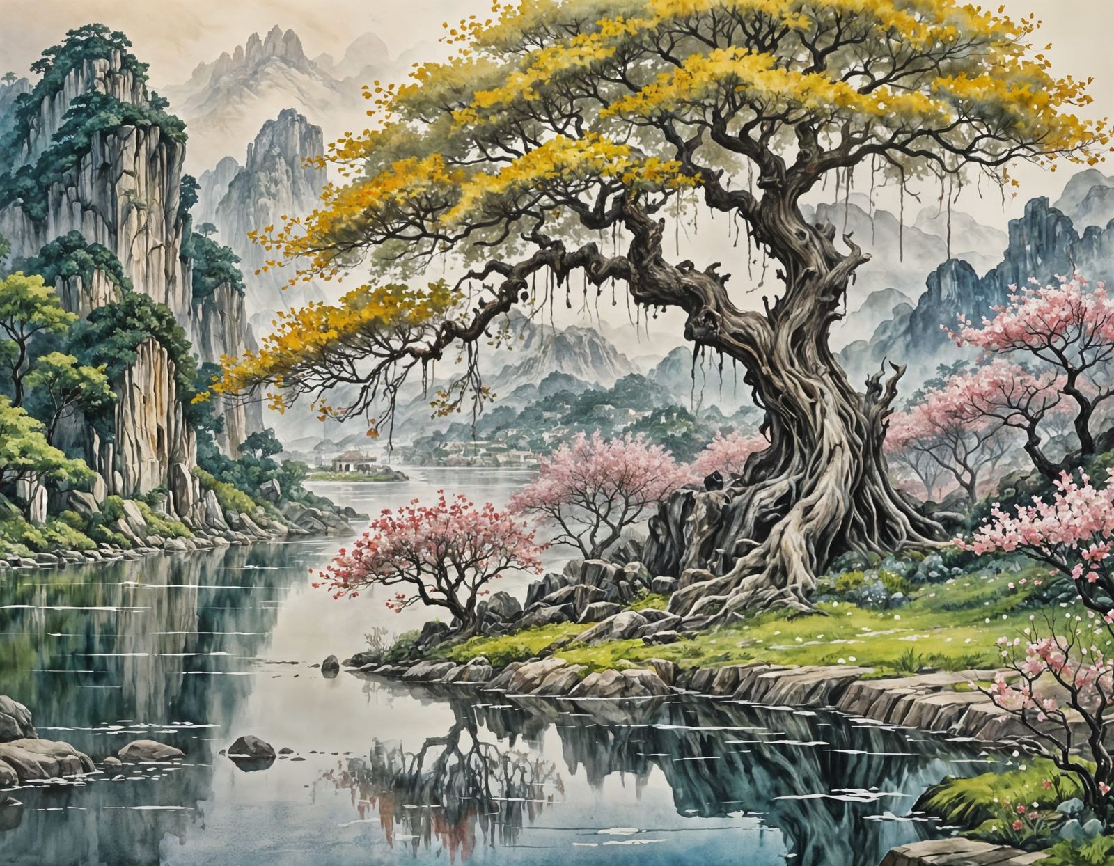 Ancient Elven Tree by Moonlit Water