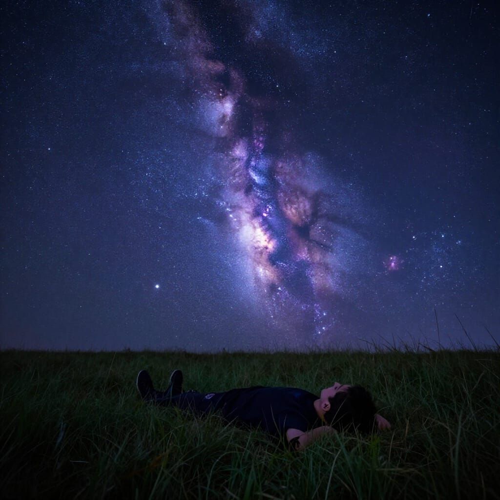 Vast Starry Night Sky Over Damp Grass