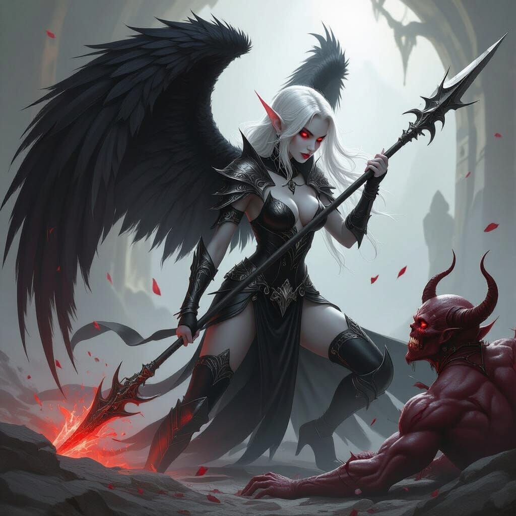 Night Elf Warrior Attacks Demon in Hyperrealistic Style