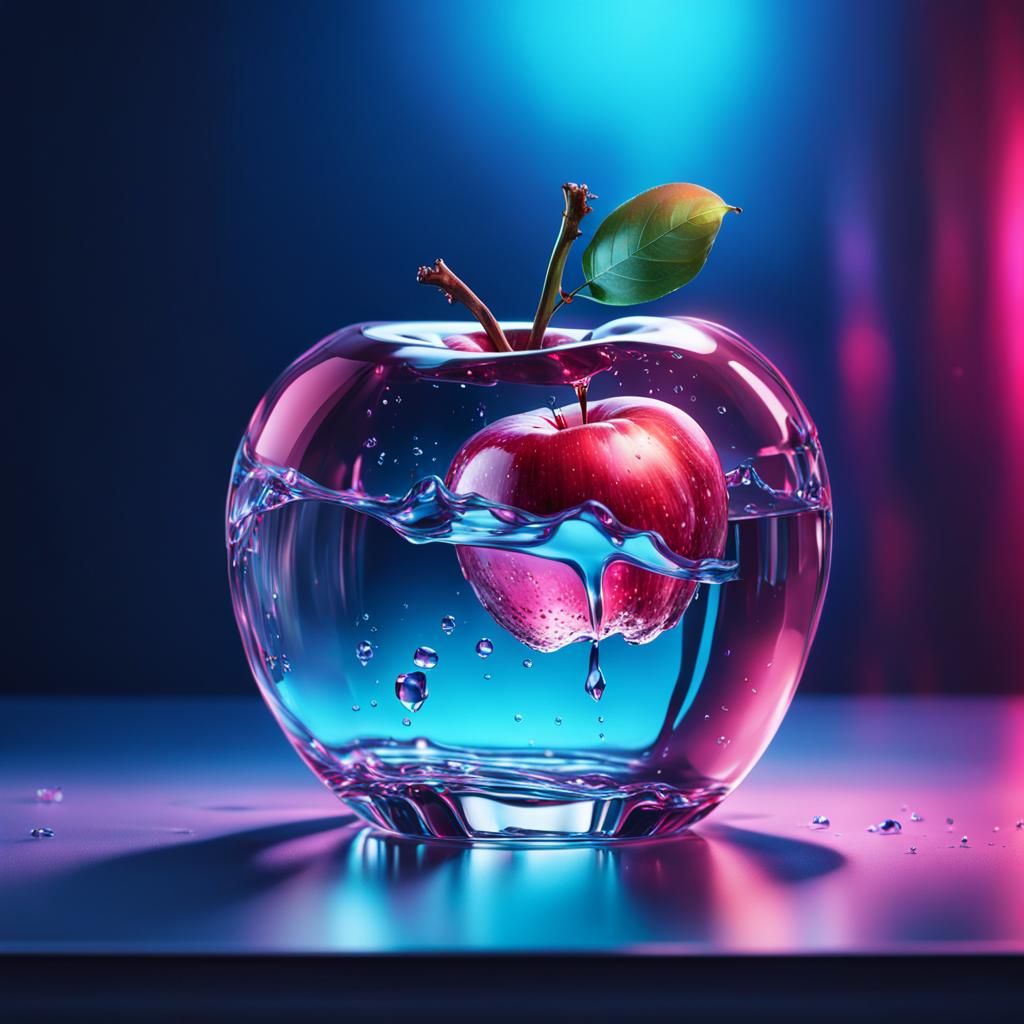 Hyperrealistic Crystal Apple in Neon Glass Box