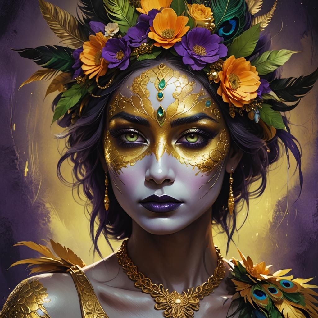Enchanting Fantasy Goddess in Golden Skin and Floral Crown