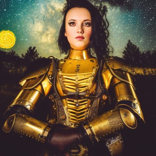 Steampunk Witch Warrior Under Starry Night Sky