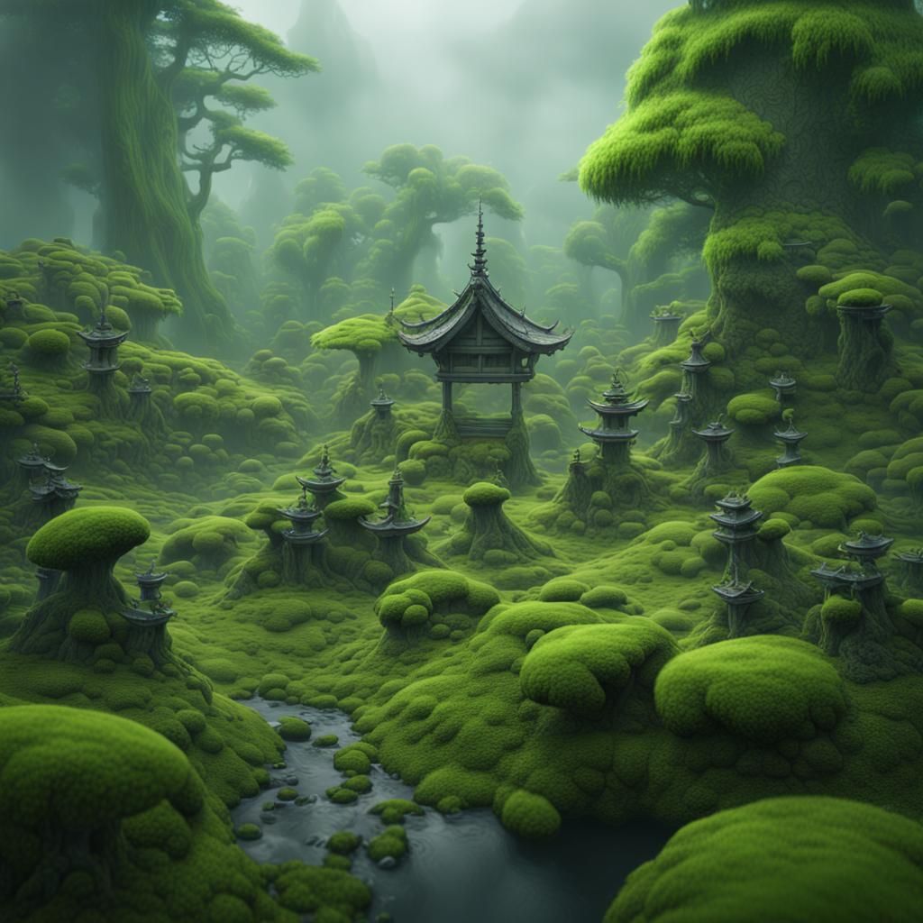 Dreamlike Japanese Moss Oasis in Misty Twilight