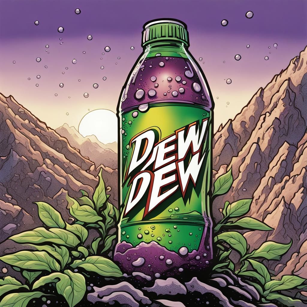Surreal Mountain Dew Landscape in Futuristic Comic Style