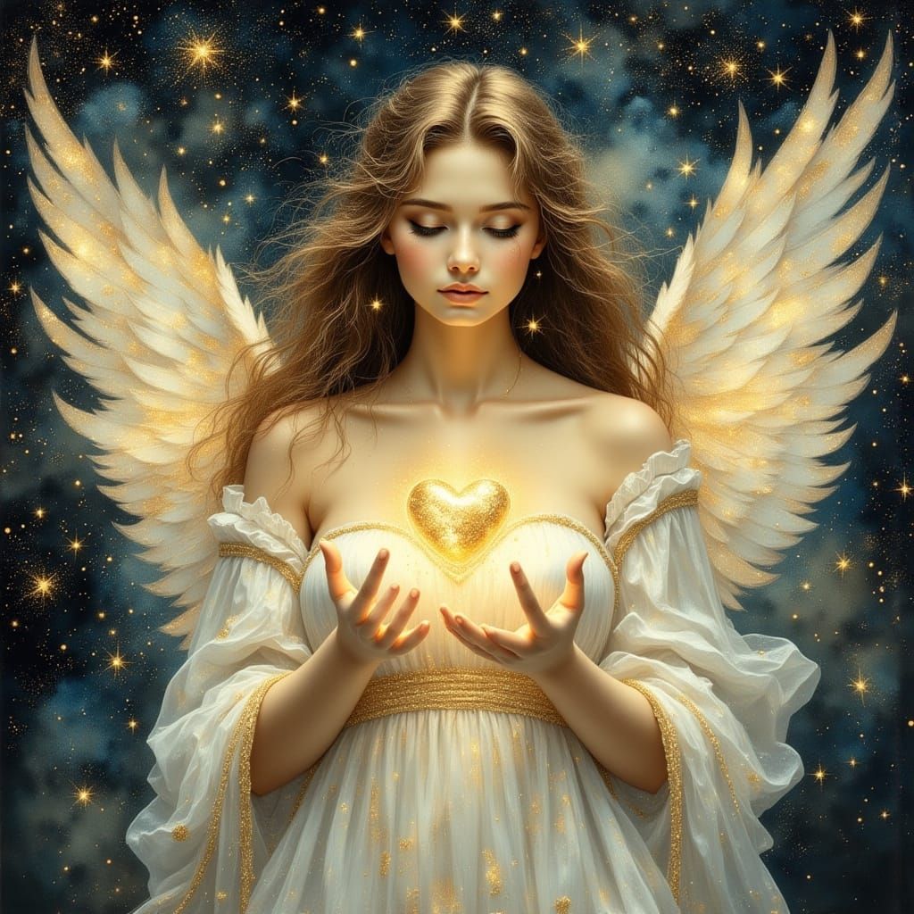 Celestial Angel Cradling World in Starry Sky