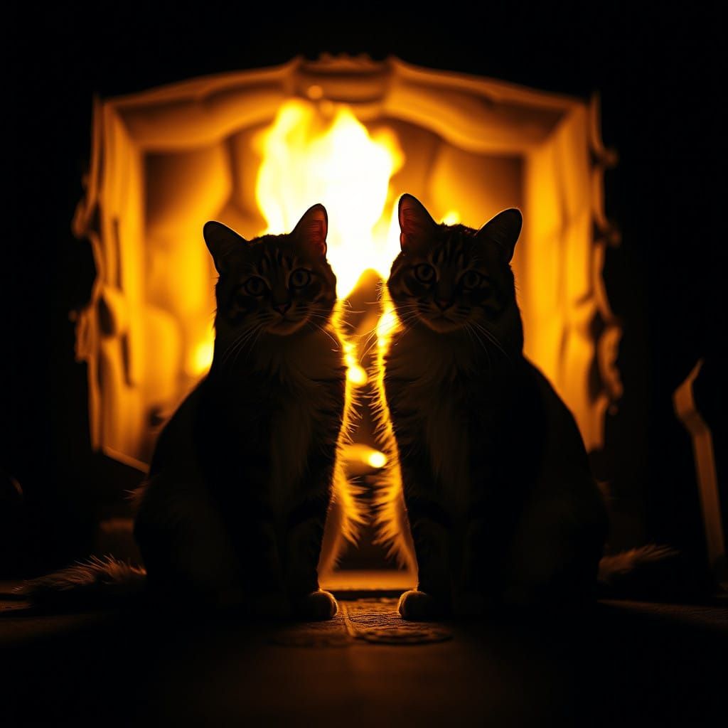 Regal Cats Bask in Golden Fireplace Light