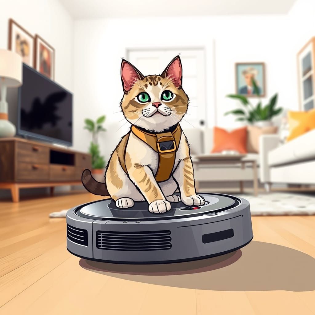 Whimsical Cat Rides Roomba Through Modern Living Room