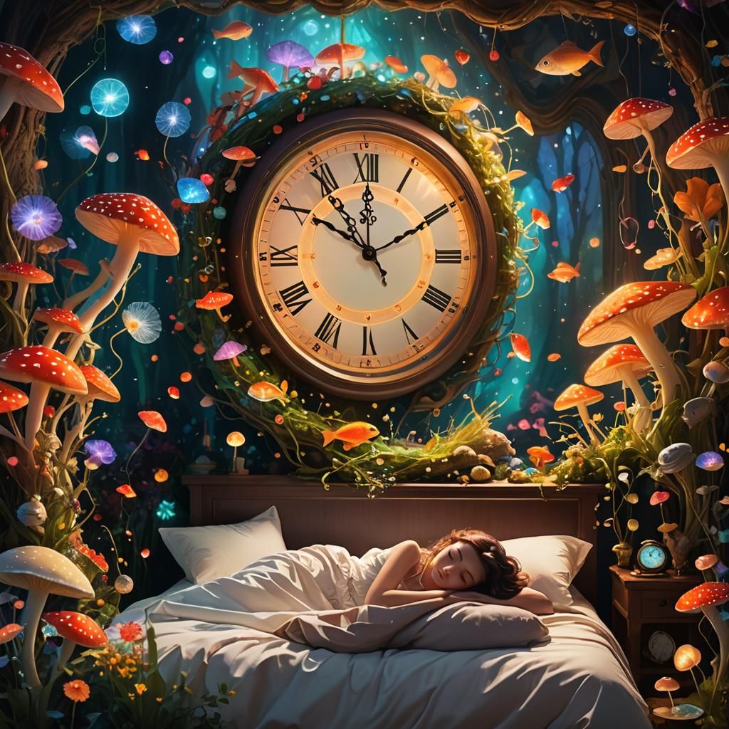Surreal Dreamworld Scene with Twisted Clock and Whimsical Cr...