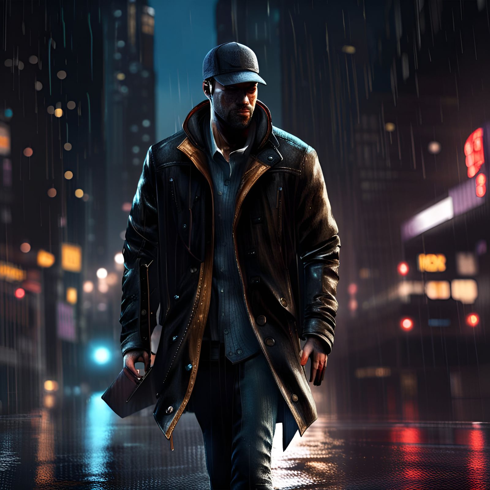 Aiden Pearce Hacker Walks in Rainy Chicago Night