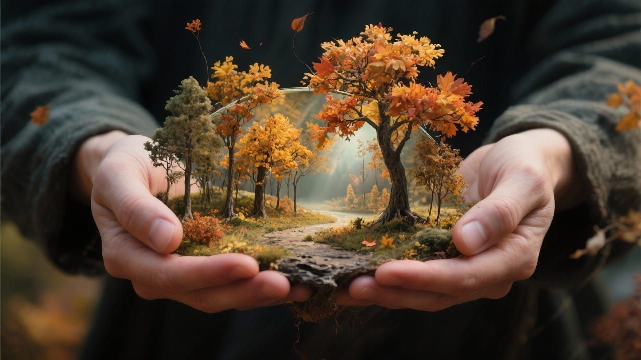 Bizarre Miniature Autumn Scene Held in Hands
