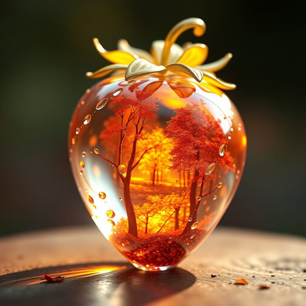 Delicate Glass Strawberry in Autumnal Fantasy Forest