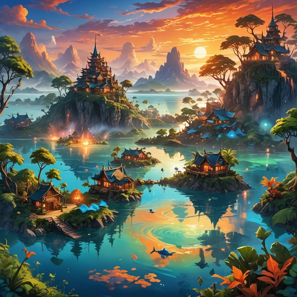 Vibrant Fantasy Village by Sunset