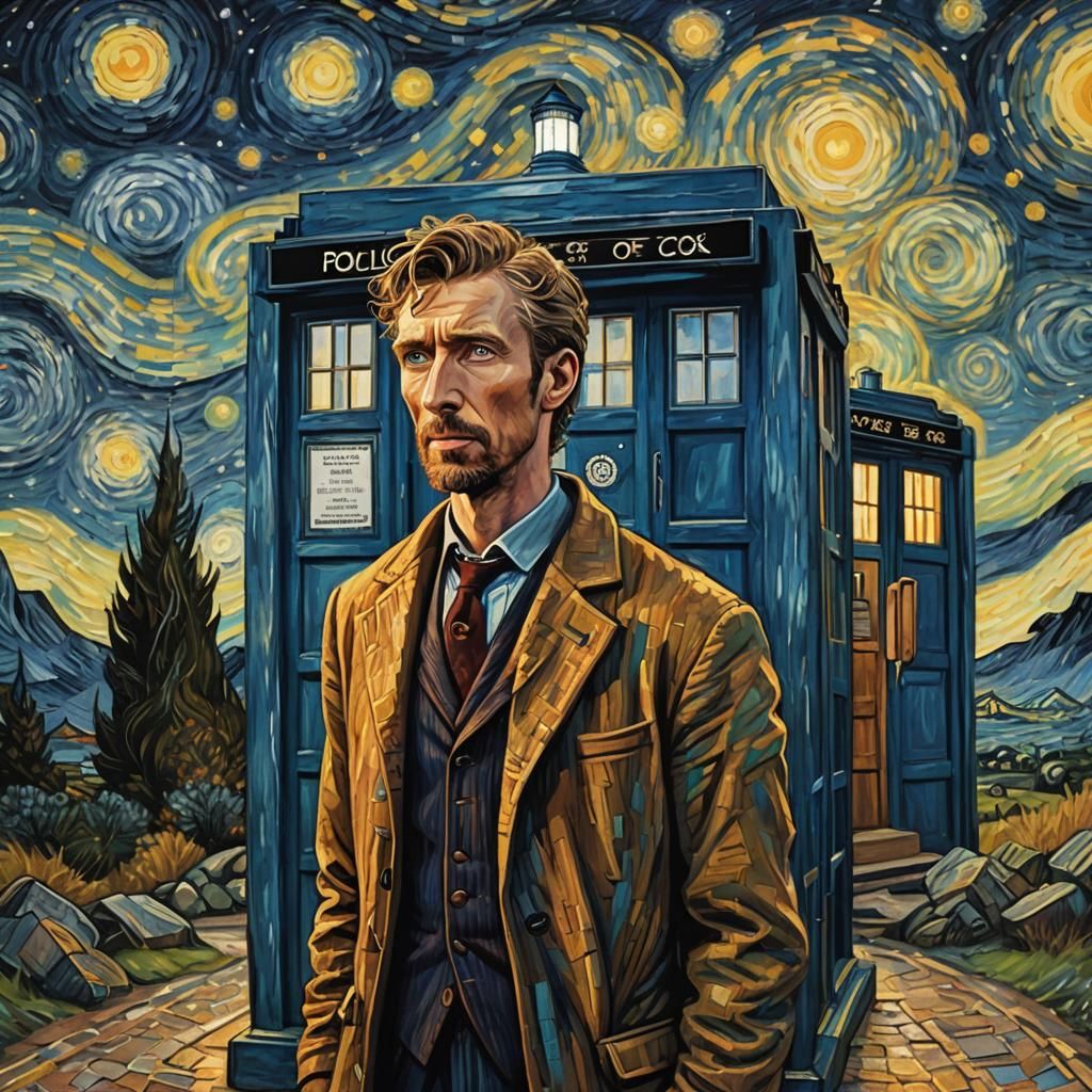 Doctor Who Meets Van Gogh in Hyperrealistic Scene with Tardi...