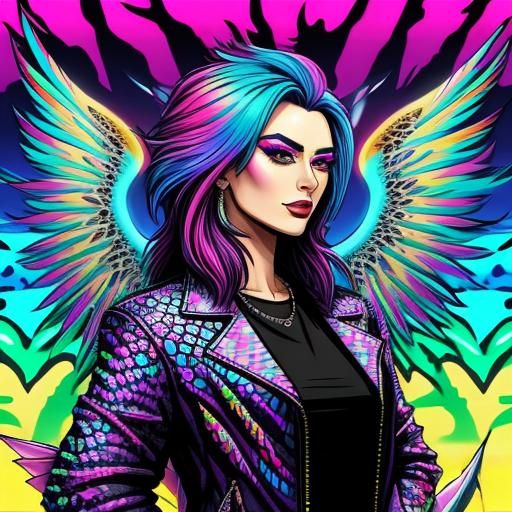 Cyberpunk Goddess with Rainbow Wings and Leopard Hair