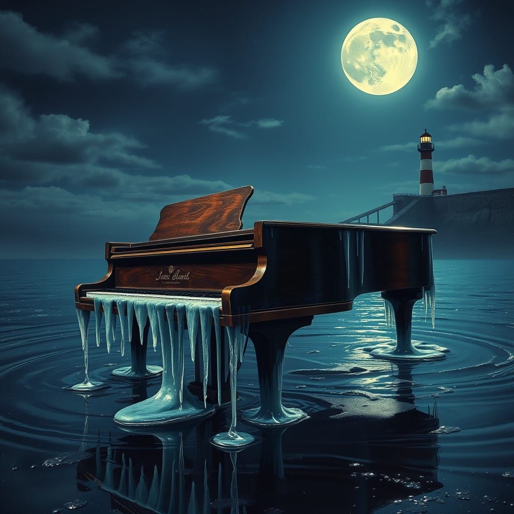 Melting Piano in Lake: Surreal Hyperrealistic Art