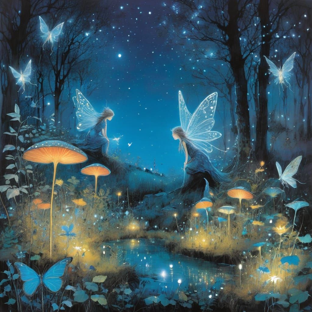 Whimsical Night Garden Scene with Neon Blue Fairies