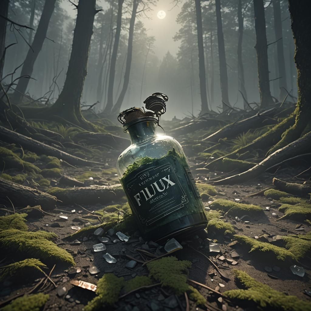 Shattered Bottle on Misty Forest Floor, Inspired by Deakins