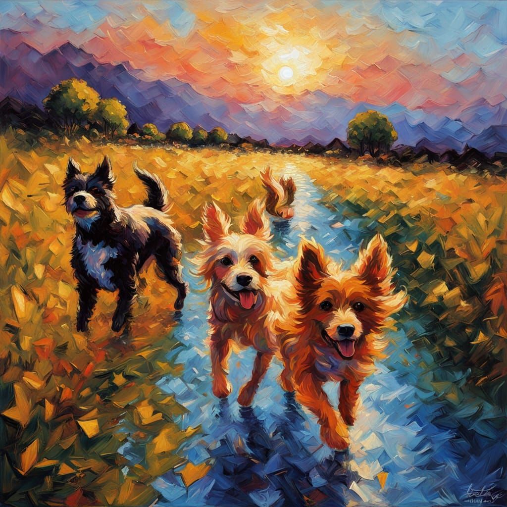 Dogs Enjoying Scenic Views in Neo-Impressionist Oil Painting