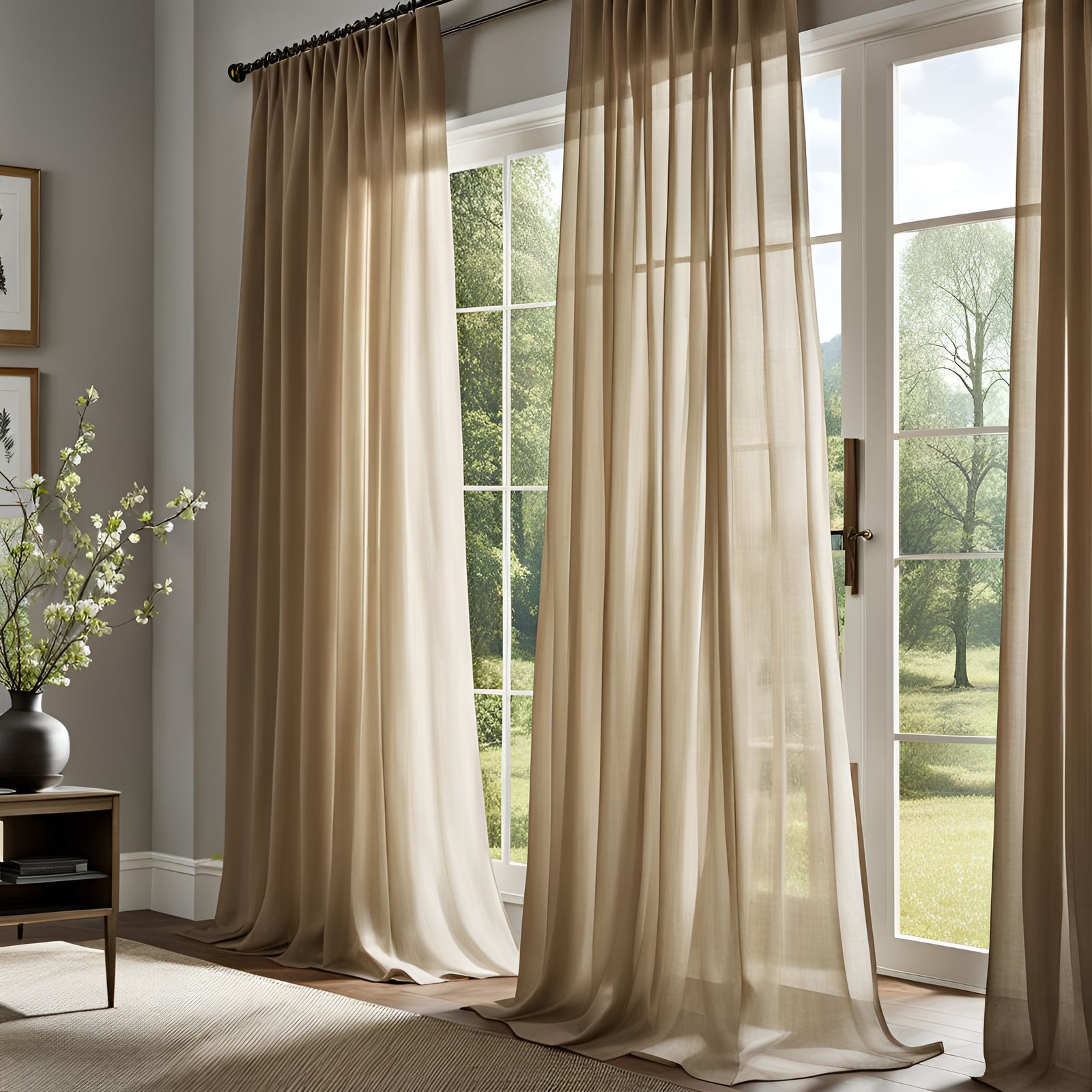 Ethereal Beige Linen Curtains Surround a Forest View