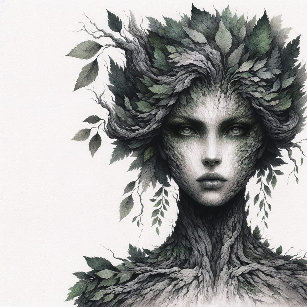 Ethereal Forest Spirit with Lush Leaf Hair and Tree Bark Ski...