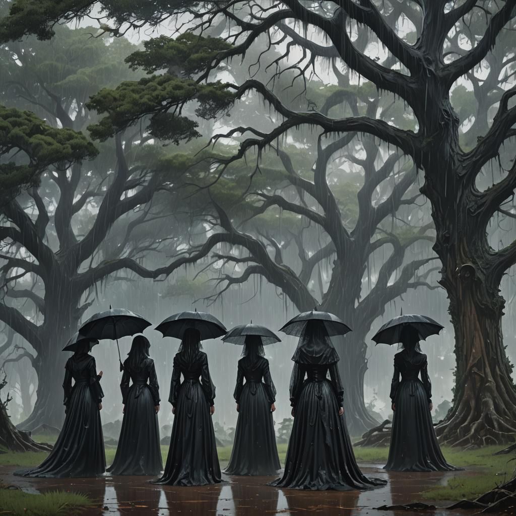 Four Women in Mourning Attire Stand Under a Cypress Tree in....