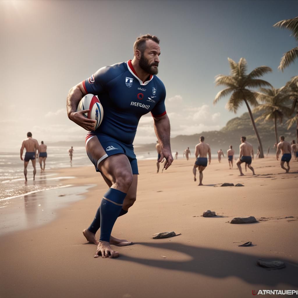 French Rugby Player Showcases on Beach in Vibrant Fantasy Ar...