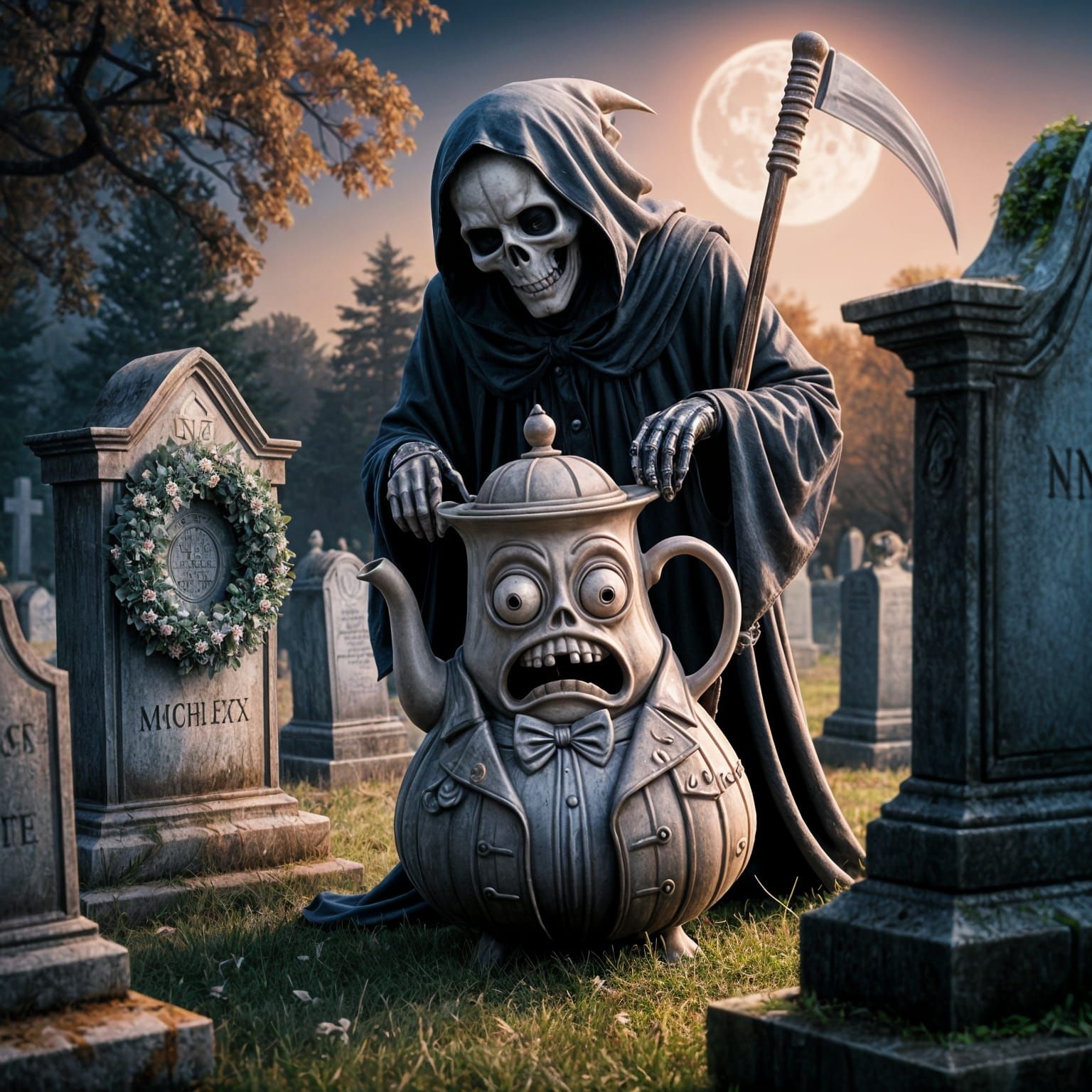Grim Reaper Looms Over Terrified Teapot in Moonlit Cemetery