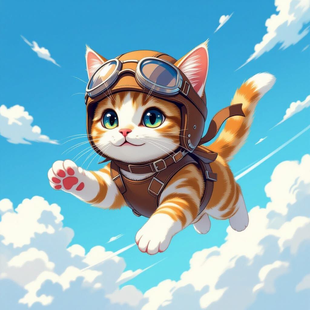 Cat Skydiving in Whimsical Digital Art Style