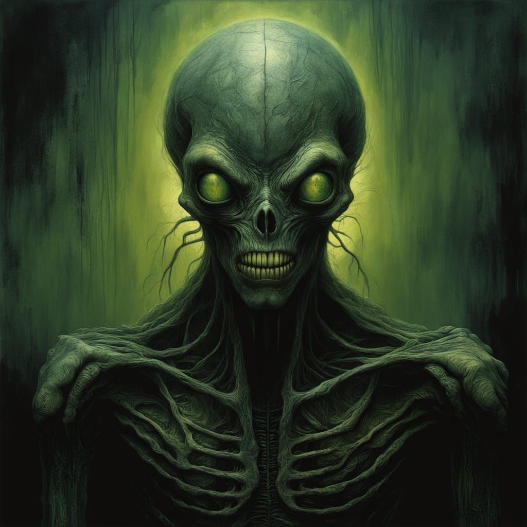 Grimacing Alien Portrait in Neon Green and Dark Tones