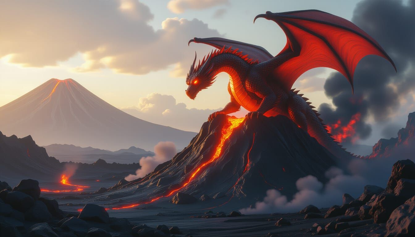 Red Dragon on Volcano in Hyper-Realistic Style
