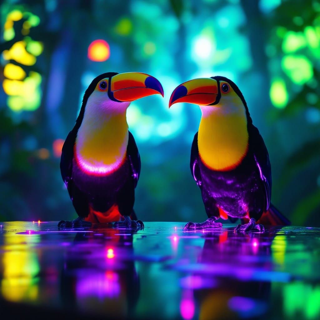 Vibrant Jungle Oasis with Toucans in Electrifying Hues