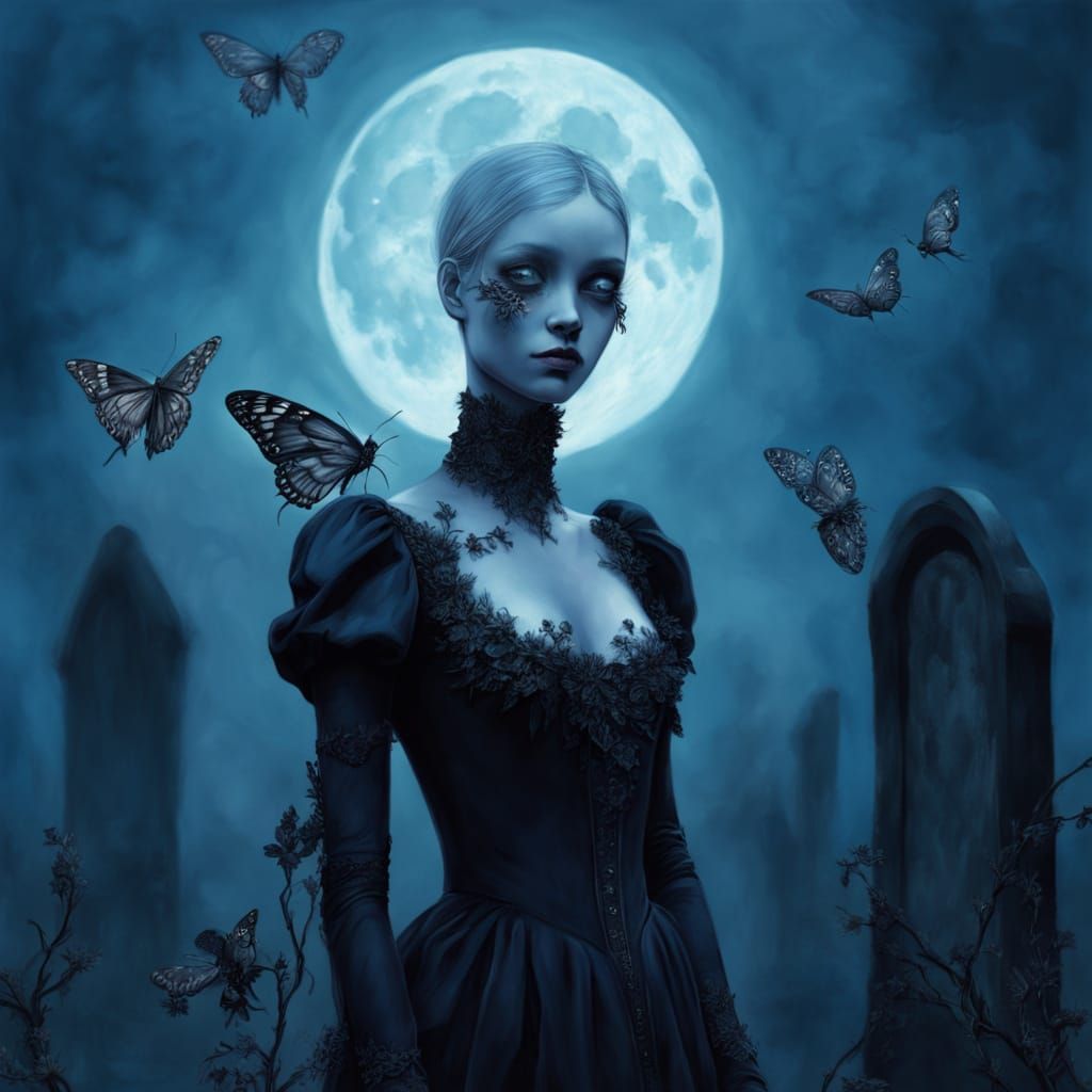 Haunting Mannequin in Moonlit Graveyard with Moth