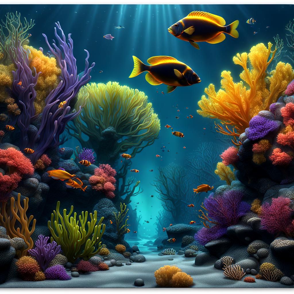 Kelp, seaweed, flourescent fish, coral, colorful, realistic