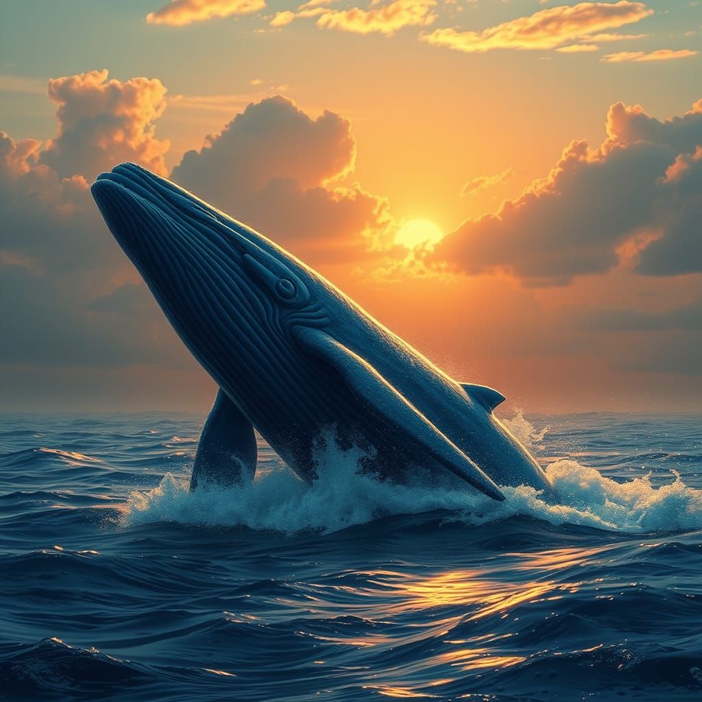 Majestic Blue Whale Breaches Golden Sunset Ocean