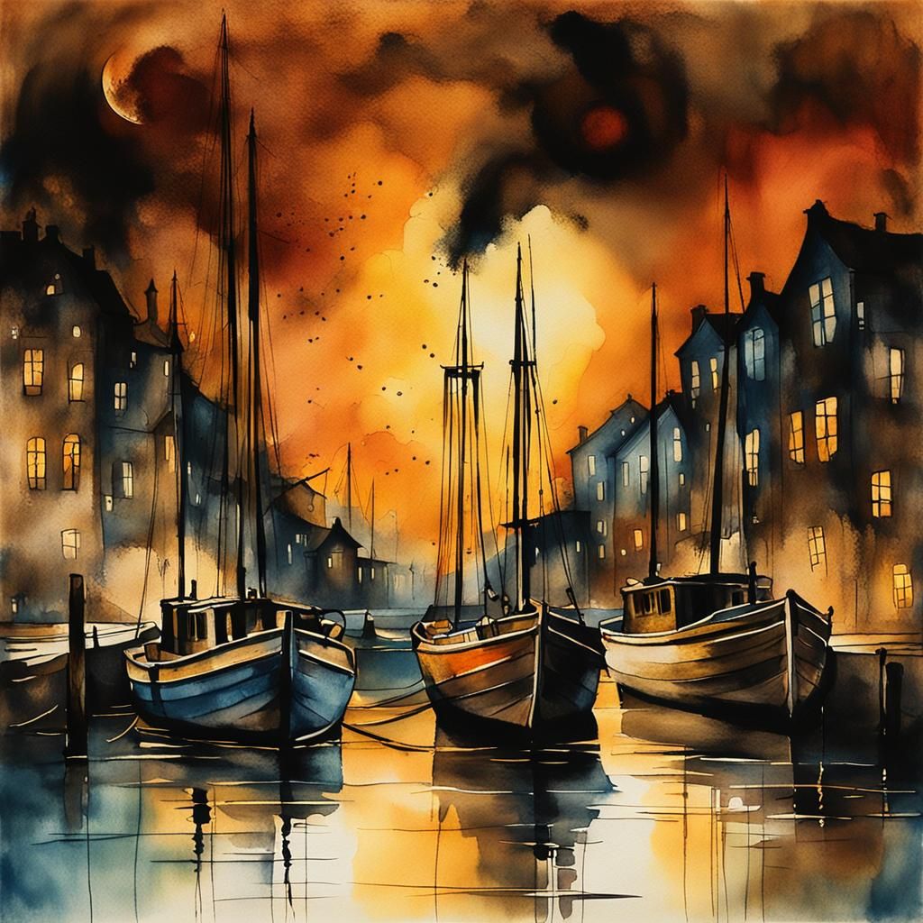 Dreamy Modern Harbor Scene in Ethereal Moonlight