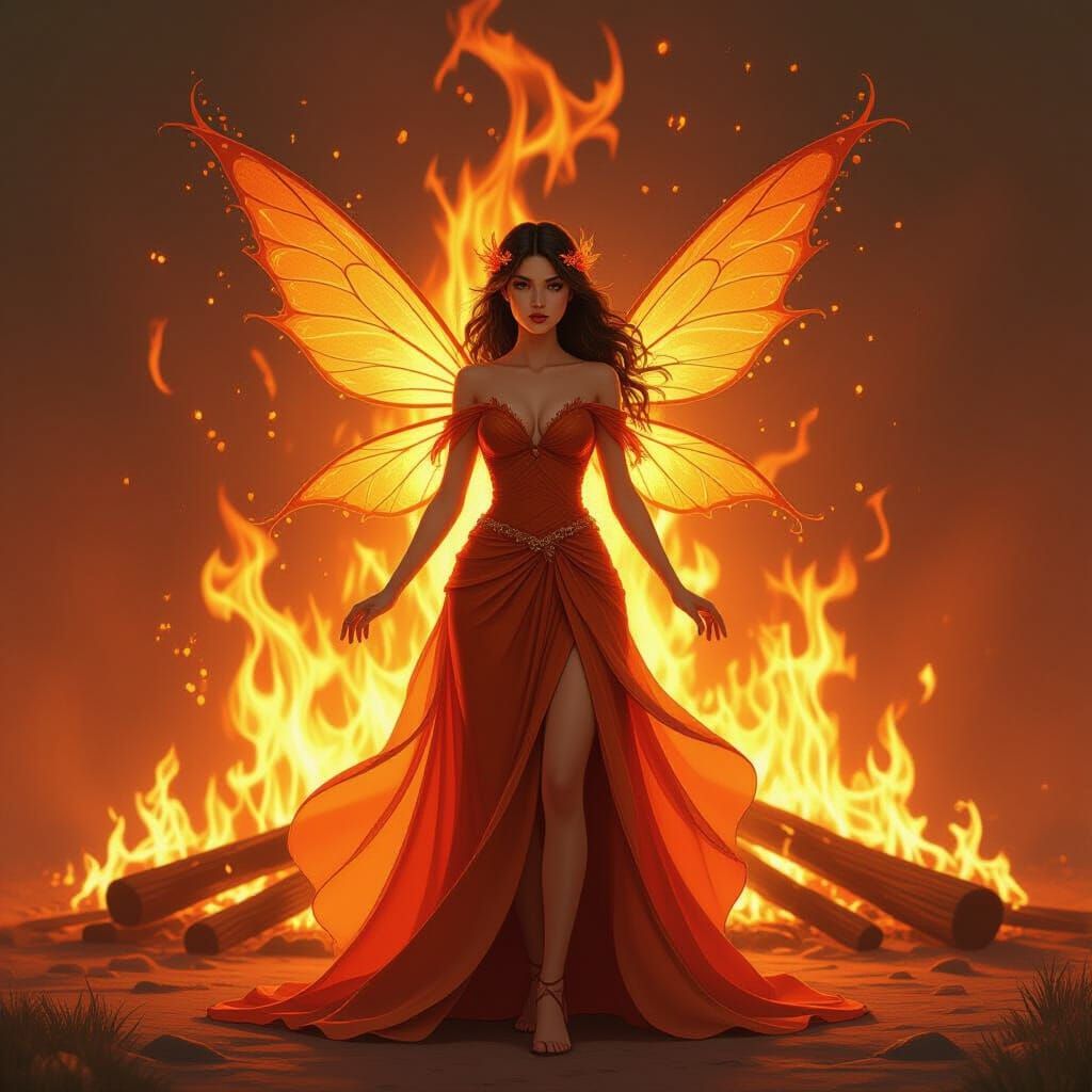 Ethereal Fire Fairy in a Blazing Landscape