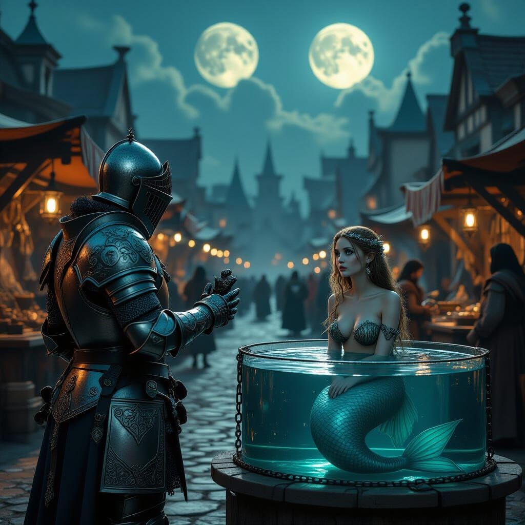 Medieval Marketplace with Knight and Mermaid, Two Moons